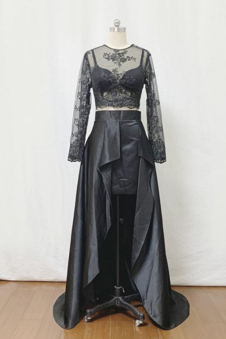Two Piece Prom Dress 2021 Black Lace Satin With Long Sleeves,pl2386