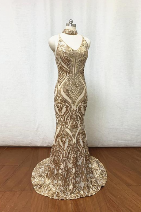 Gold Pattern Sequin Prom Dress 2021 Mermaid Criss Cross Backless,pl2387