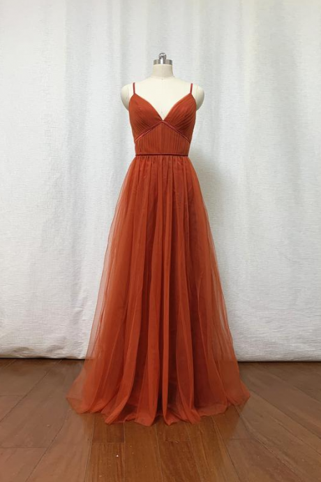 Burnt Orange Tulle Bridesmaid Dress 2021 Spaghetti Straps Boho,pl2388
