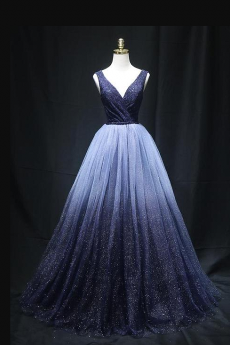 Blue V Neck Tulle Sequins Prom Dress Evening Dress,pl2407