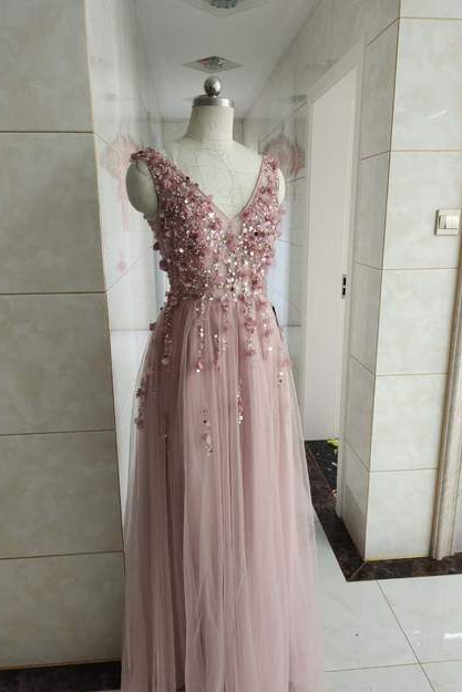 High Quality Pink Flowers And Beaded Long V-neckline Party Dress, A-line Tulle Prom Dress,pl2410