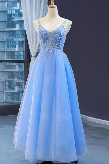 Blue V-neckline Tulle Beaded Long Straps Beaded Dress, Blue Fashionable Formal Dress Prom Dress,pl2411