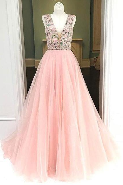 Pink A Line V Neck Tulle Prom Dress, Pink Evening Dress,pl2412