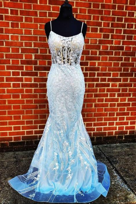 Mermaid Light Blue Long Prom Dress With Spaghetti Straps,pl2413