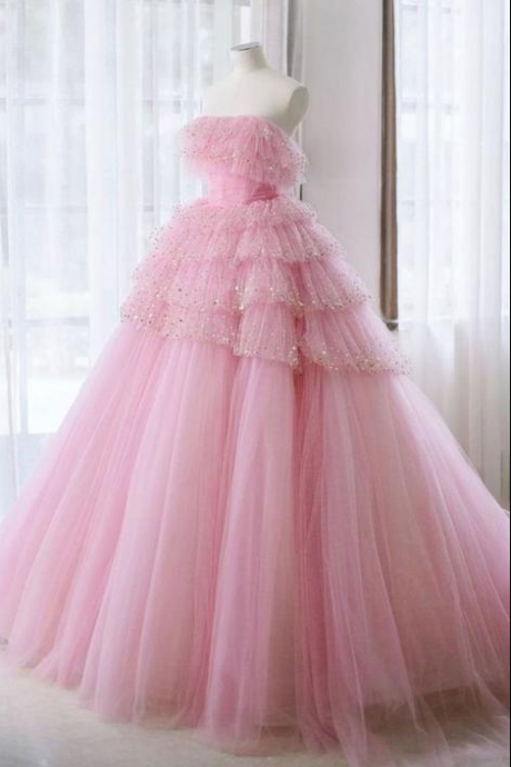 Pink Tulle Lace Long Prom Dress Pink Tulle Evening Dress,pl2414