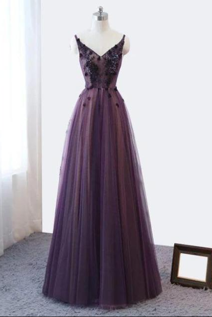 Purple V-neckline Tulle Lace Applique Party Dress, Purple Formal Dress Prom Dress,pl2415
