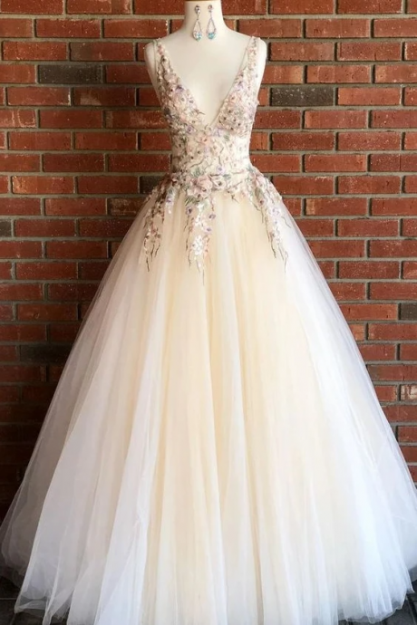 Elegant V Neck Ivory Long Prom Dress With Floral Embroidery,pl2416