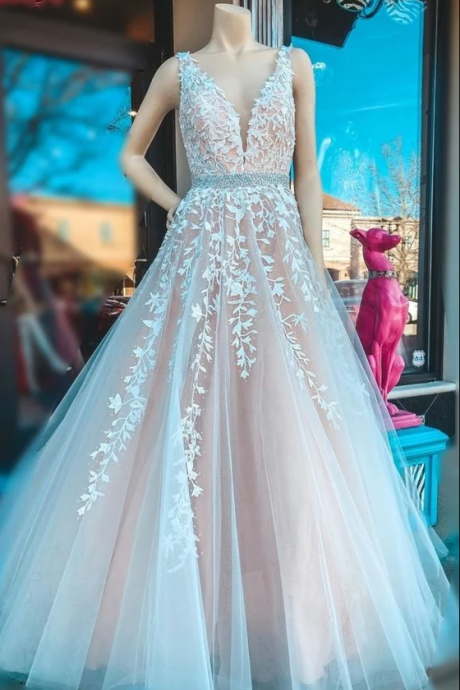 A-line Ivory Lace Appliqued Long Prom Dress Prom Dresses,pl2417