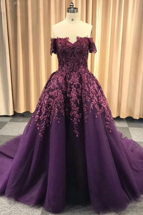 Charming Off The Shoulder Appliques Formal Evening Dress, Purple Ball Gown ,pl2421
