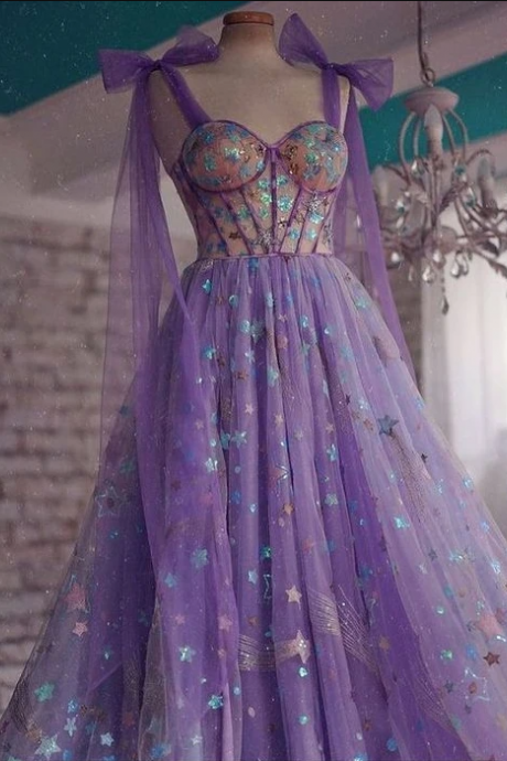 A-line Purple Tulle Long Prom Dress,charming Prom Dress,pl2427