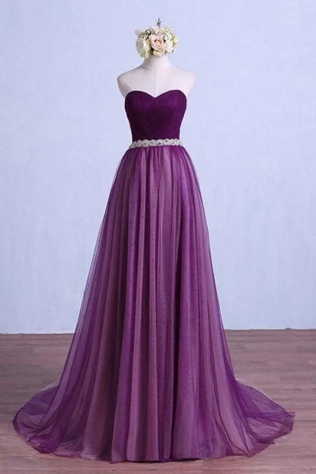 Colorful Purple Purple Tulle Strapless Beaded Long Pageant Prom Dress,pl2428