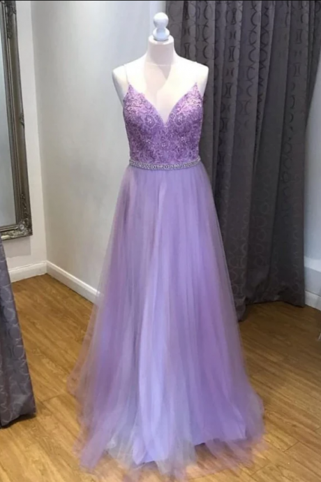 V-neck Light Purple Tulle Long Prom Dress With Lace Top,pl2431