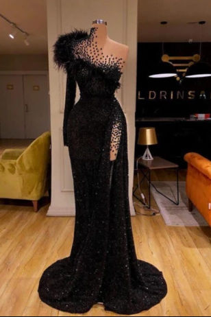 Black Evening Dresses High Neck Side Split Long Sleeve Mermaid Prom Dress Feather Beaded Sexy Special Occasion Gowns,pl2435