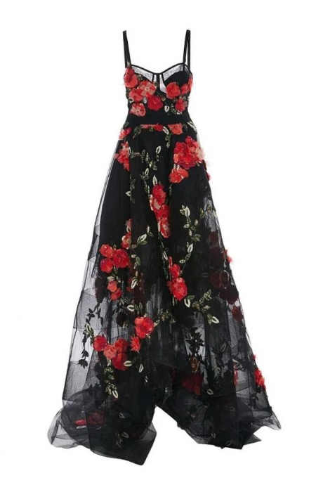 Chic Black Spaghetti Straps Long Prom Dresses,pretty A Line Floral Sweep Train Long Evening Dresses,pl2441