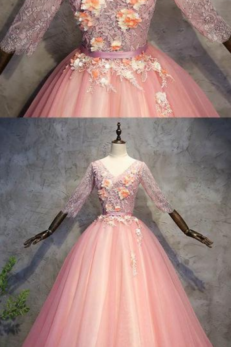 Brand Pink Tulle V Neck Mid Sleeve Long Senior Prom Dress, Long Lace Evening Dress,pl2447