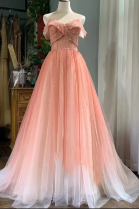 Beautiful Pink Tulle Gradient Beaded Off Shoulder Party Dress, Pink Prom Gown,pl2452