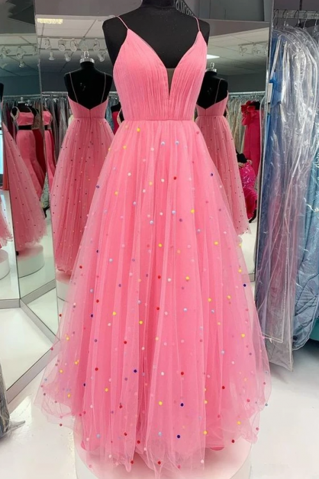 Princess A-line Pink Long Prom Dress With Colorful Pearls,pl2458