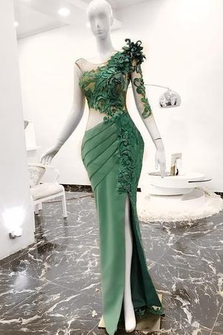 Long Sleeve Green Evening Dresses Mermaid Lace Applique Modest Elegant Beaded Evening Gown Vestido De Longo 2021,pl2463