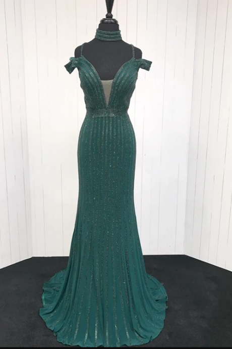 Dark Green V Neck Long Prom Dress, Mermaid Evening Dress,pl2468