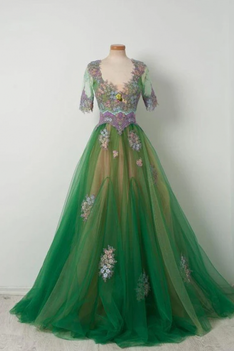 Pupel Appliques Half Sleeves Green Long Tulle Prom Dress,pl2469