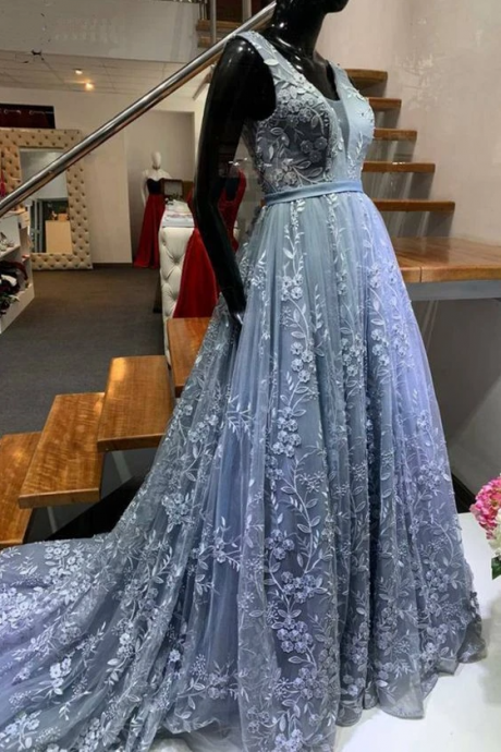 Blue A Line Lace Tulle Evening Dress V Neck Sweep Train Beaded Prom Dresses Long Formal Gowns,pl2474
