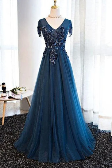 Navy Blue Tulle Long V Neck Cap Sleeve Evening Dress With Lace Applique,pl2475