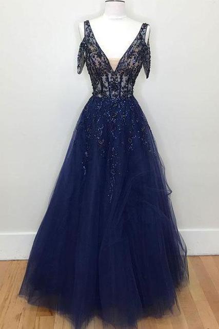 Dark Blue V Neck Tulle Beads Long Prom Dress, Evening Dress,pl2479