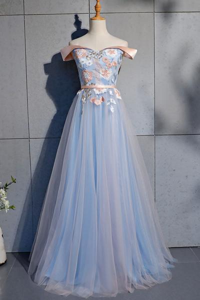 Blue Tulle Strapless Custom Size Long A Line Prom Dress With Applique,pl2480