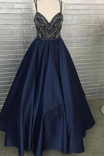 Navy Blue Satin Long Beaded Senior Prom Dress Party Dress,pl2482