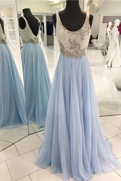 Stylish Blue Chiffon Long Pearl Scoop Neck Halter Evening Dresses,pl2483