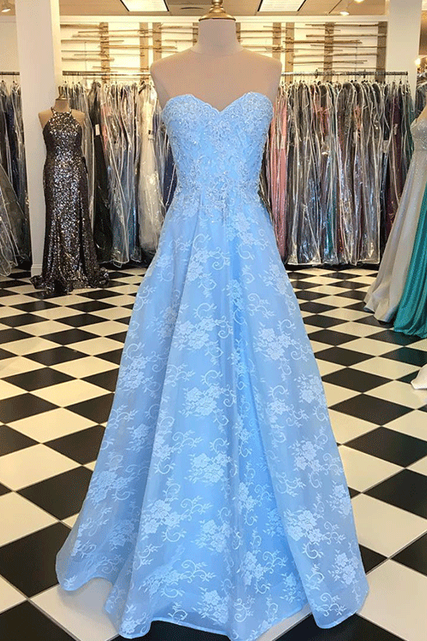 Blue Lace Sweetheart Neck Long Prom Dress, Lace Evening Dress,pl2484