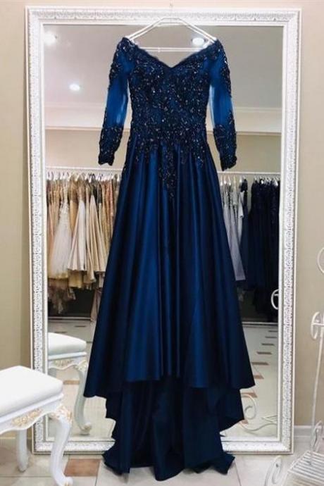 Gorgeous Long Sleeves Navy Blue Satin Long Evening Dress,pl2485