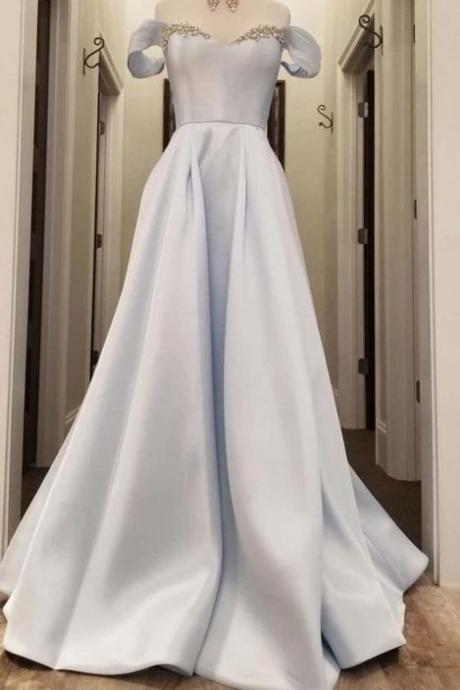Off The Shoulder Light Blue Satin Long Prom Dress,pl2488