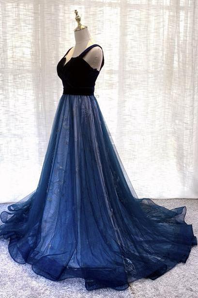 Blue Velvet Tulle Long Prom Gown Formal Dress,pl2489
