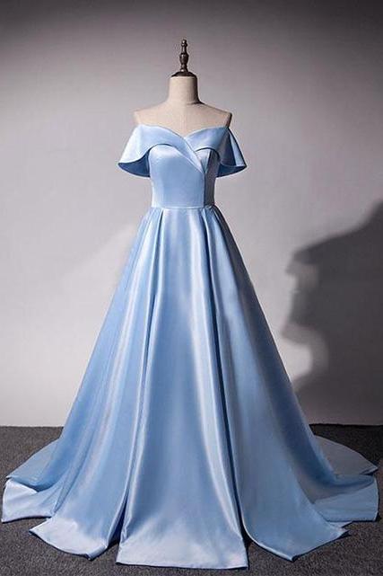Blue V Neck Satin Long Prom Dress, Blue Evening Dress,pl2492