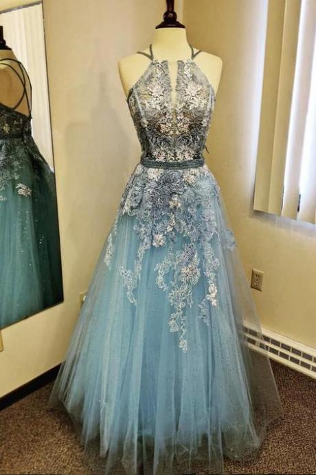 Blue Lace Long Prom Dress Blue Evening Dress,pl2496