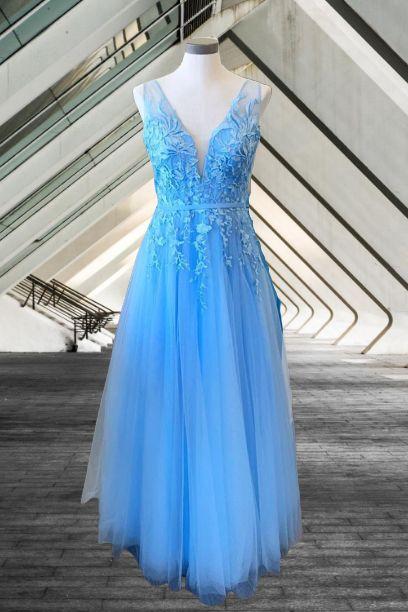 Sky Blue Prom Dresses, Long Sky Blue Tulle Prom Dresses, Sky Blue Appliqued Prom Dresses, Elegant Sky Blue Formal Gown,pl2497
