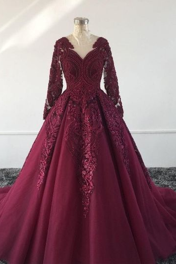 Burgundy Prom Dress With Train , Lace Prom Dress,pl2499