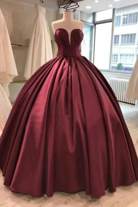 Burgundy Satin Sweetheart Prom Dresses Ball Gowns,pl24500