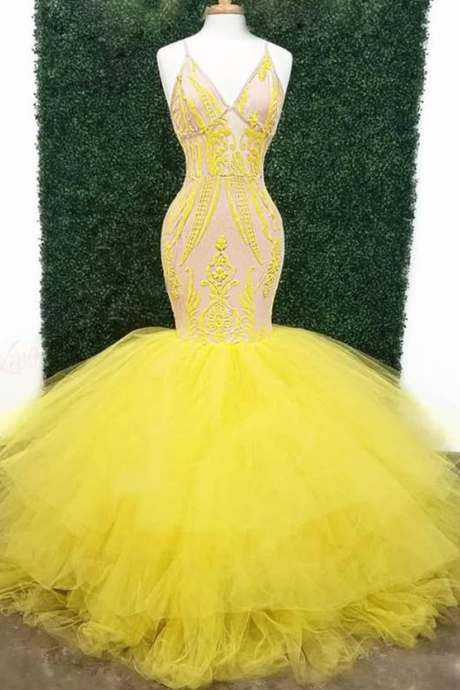 Yellow Sexy Prom Dresses With Deep V Neck Lace Appliques Mermaid Evening Gowns Plus Size Sweep Train Tulle Formal Party Dress,pl2503