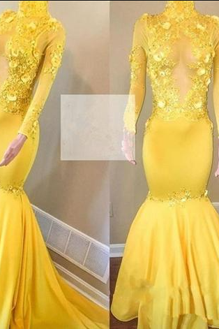 Yellow Prom Dresses Long Sleeve Mermaid High Neck Vintage African Evening Gown See Through Keyhole,pl2504