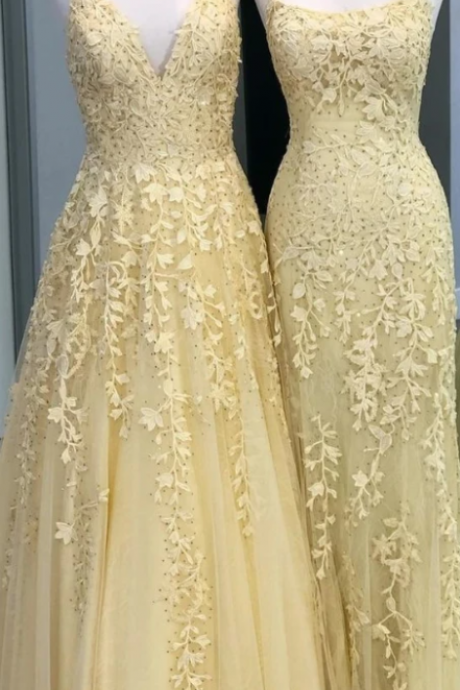 Charming Tulle V Neck Yellow Long Prom Dress, Appliques Formal Evening Gown,pl2506