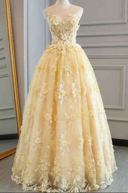 Fashion Tulle Yellow Ball Gown Prom Dress With Handmade Flowers,pl2507