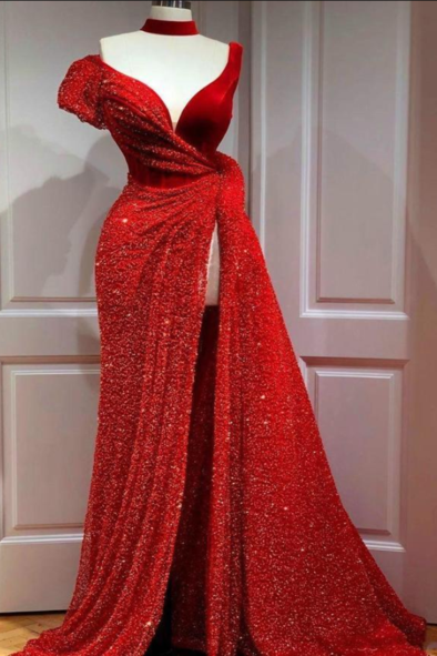 Red Evening Dresses Glitter Beads A Line Formal Prom Gowns High Split Party Dress Plus Size Women Gowns,pl2511