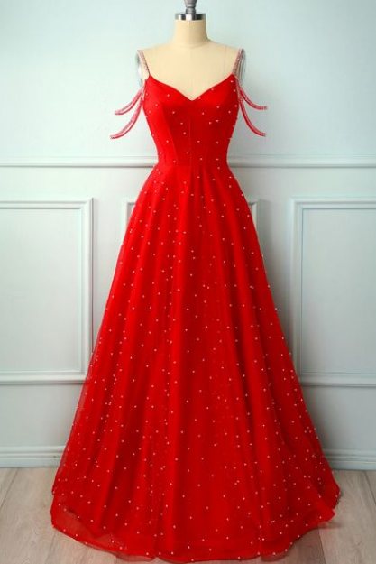 Red A Line Spaghetti Straps Beaded Long Prom Party Dress,pl2513