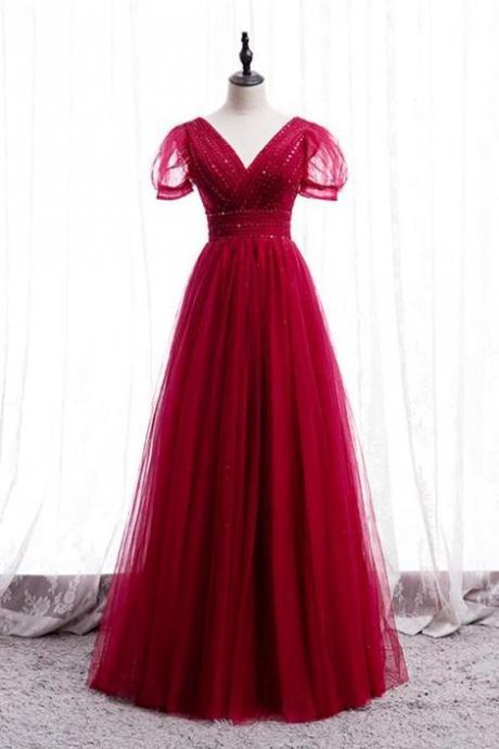 A-line Red Tulle Long Formal Dress With Short Sleeves,pl2514