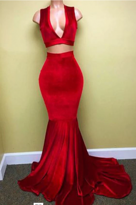 Long Two Piece Prom Dress, Red Evening Dress,pl2518