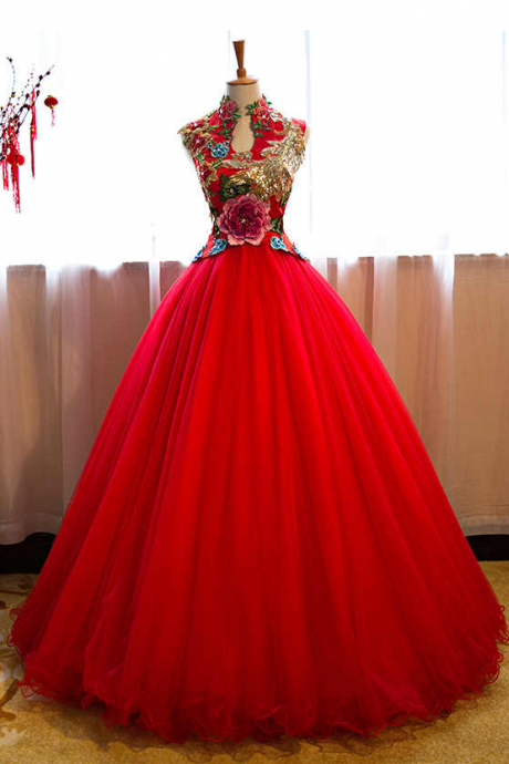 Red Ball Gown Prom Dress With Lace Top,pl2519