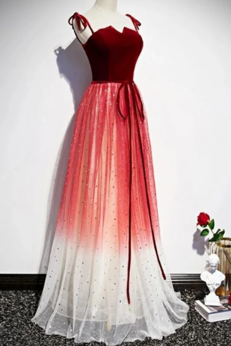 Pretty Red Tulle With Sequins Long Party Gown, Beautiful Red Formal Dress,pl2521