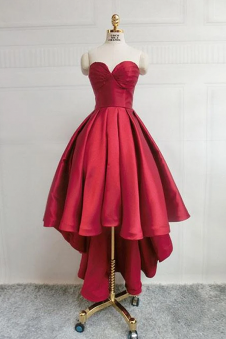 High Low Sweetheart Neck Strapless Backless Satin Red Prom Dresses, Red Graduation Dresses, Red Backless Formal Evening Dresses,pl2522